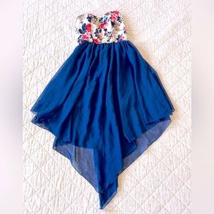 Blue Strapless Asymmetrical Sundress